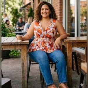 Midnight Velvet Orange and White Peplum Feminine  Blouse 100%cotton XL